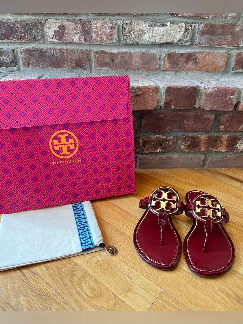 Tory Burch Burgundy Roma Red Croco Embossed Leather Metal Miller Sandals